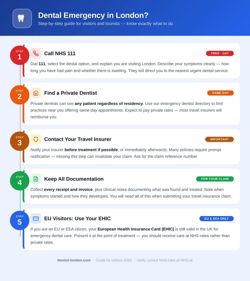 Step-by-step infographic showing 5 actions for visitors needing dental care in London: call NHS 111, find a private dentist, contact your insurer, keep all documentation, and present your EHIC card if EU or EEA